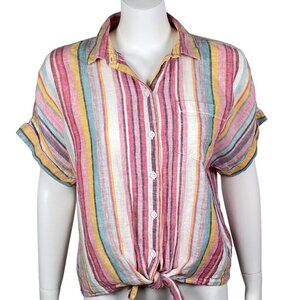 Beach Lunch Lounge Short Sleeve Shirt Size S Linen Blend Front Tie Striped